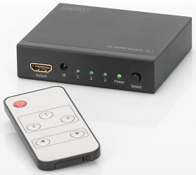 HDMI přepínač Digitus 3x1, podpora 4K + dálkové ovládání