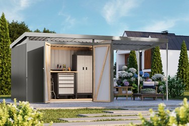 plechový domek KARIBU IRIDIUM 3 + přístavek 200 cm (48454) šedý LG4810