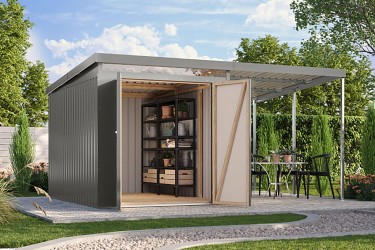 plechový domek KARIBU IRIDIUM 3 + přístavek 200 cm (48497) antracit LG4813