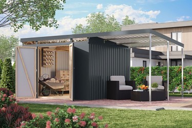 plechový domek KARIBU IRIDIUM 3,5 + přístavek 200 cm (48499) antracit LG4817