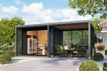 hybridní domek KARIBU SATURN (50568) antracit / šedý + 253 cm přístavek včetně zadní a boční stěny LG4828