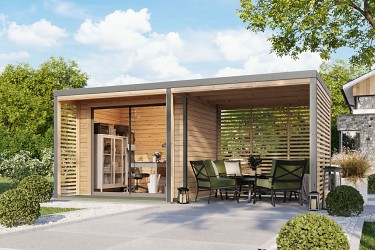 hybridní domek KARIBU SATURN (50560) natur / šedý + 253 cm přístavek včetně zadní a boční stěny  LG4825