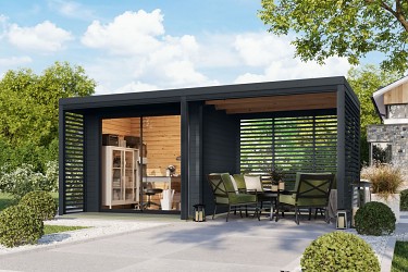 hybridní domek KARIBU SATURN (66203) antracit + 253 cm přístavek včetně zadní a boční stěny LG4827