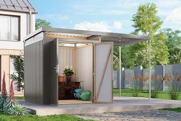 plechový domek KARIBU AURUM 2 + přístavek 200 cm (53677) šedý LG4837