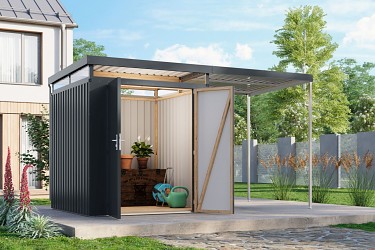 plechový domek KARIBU AURUM 2 + přístavek 200 cm (53662) antracit LG4838