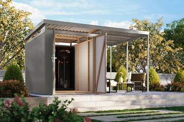 plechový domek KARIBU AURUM 2,5 + přístavek 200 cm (53680) šedý LG4839