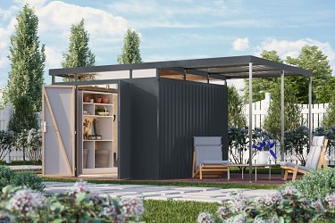 plechový domek KARIBU AURUM 3,5 + přístavek 200 cm (53694) antracit LG4844