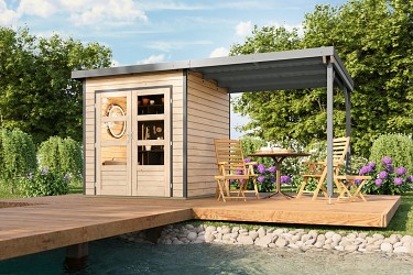 hybridní domek KARIBU PLUTO 1 (48288) natur / šedý + 233 cm přístavek LG4872