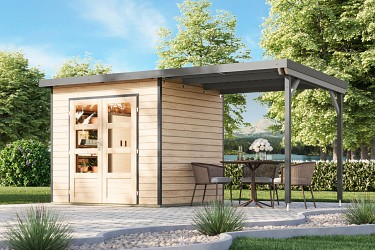 hybridní domek KARIBU PLUTO 2 (48338) natur / šedý + 233 cm přístavek LG4884