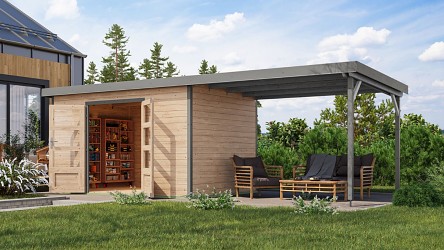 hybridní domek KARIBU PLUTO 7 (12452) natur / šedý + 300 cm přístavek LG4892