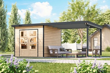 hybridní domek KARIBU PLUTO 3 (50527) natur / antracit + 300 cm přístavek LG4904