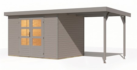 hybridní domek KARIBU JUPITER 4D (12401) světle šedý / sv. šedá + přístavek 219 cm LG5032